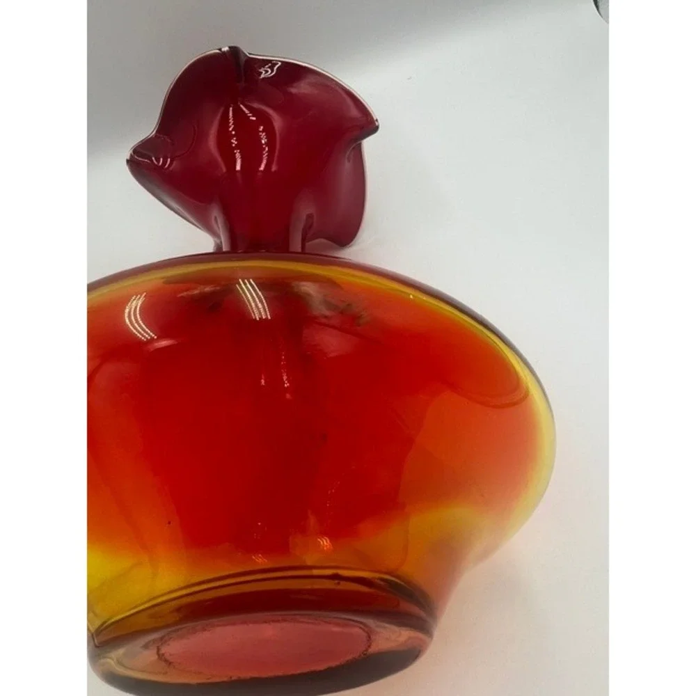 Vintage Amberina MCM Art Glass Ruffled Rim Vase Red Orange Blown Glass 10.5 In
